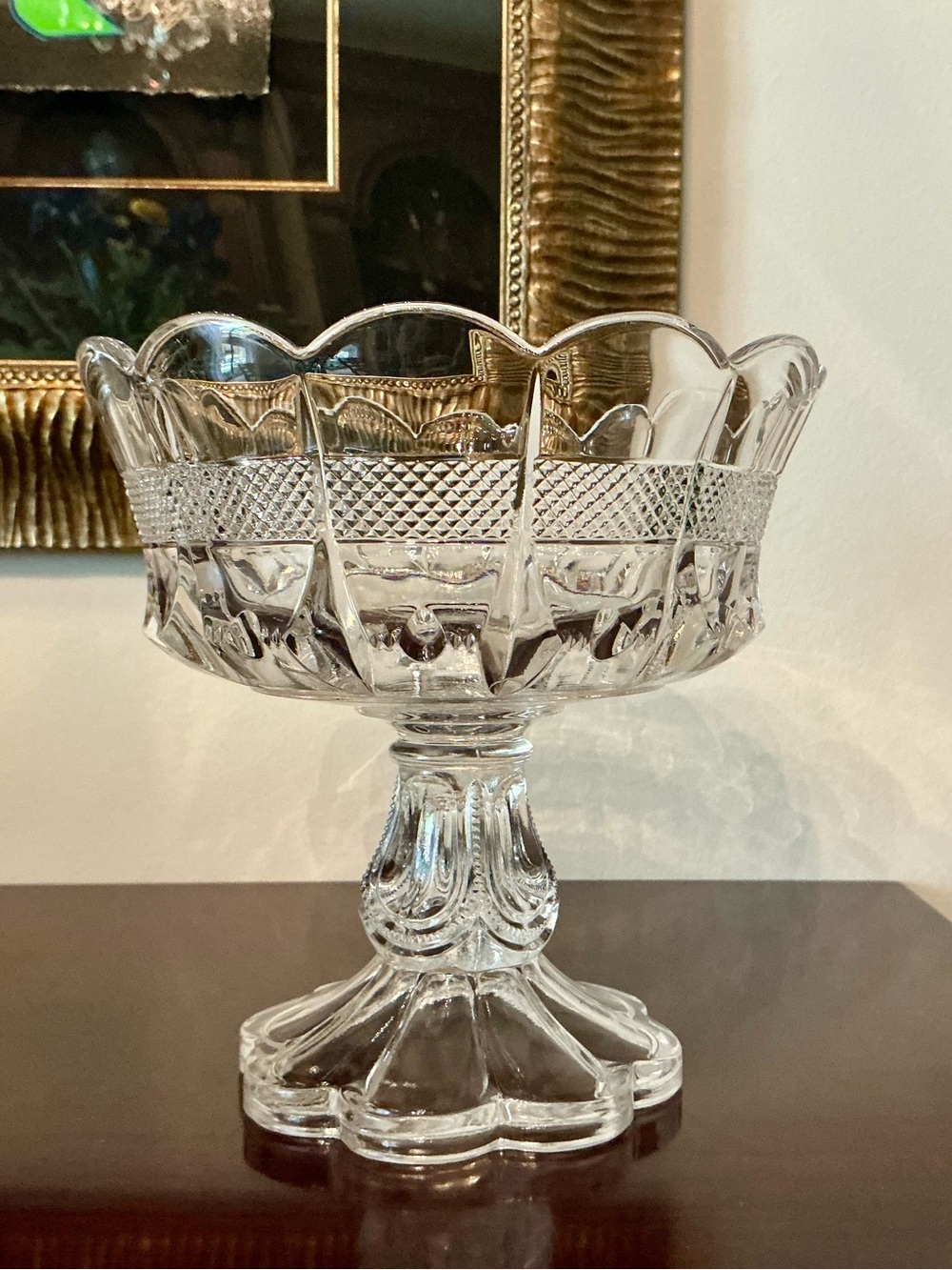 Vintage Early American Pattern Glass banded Compote Bowl